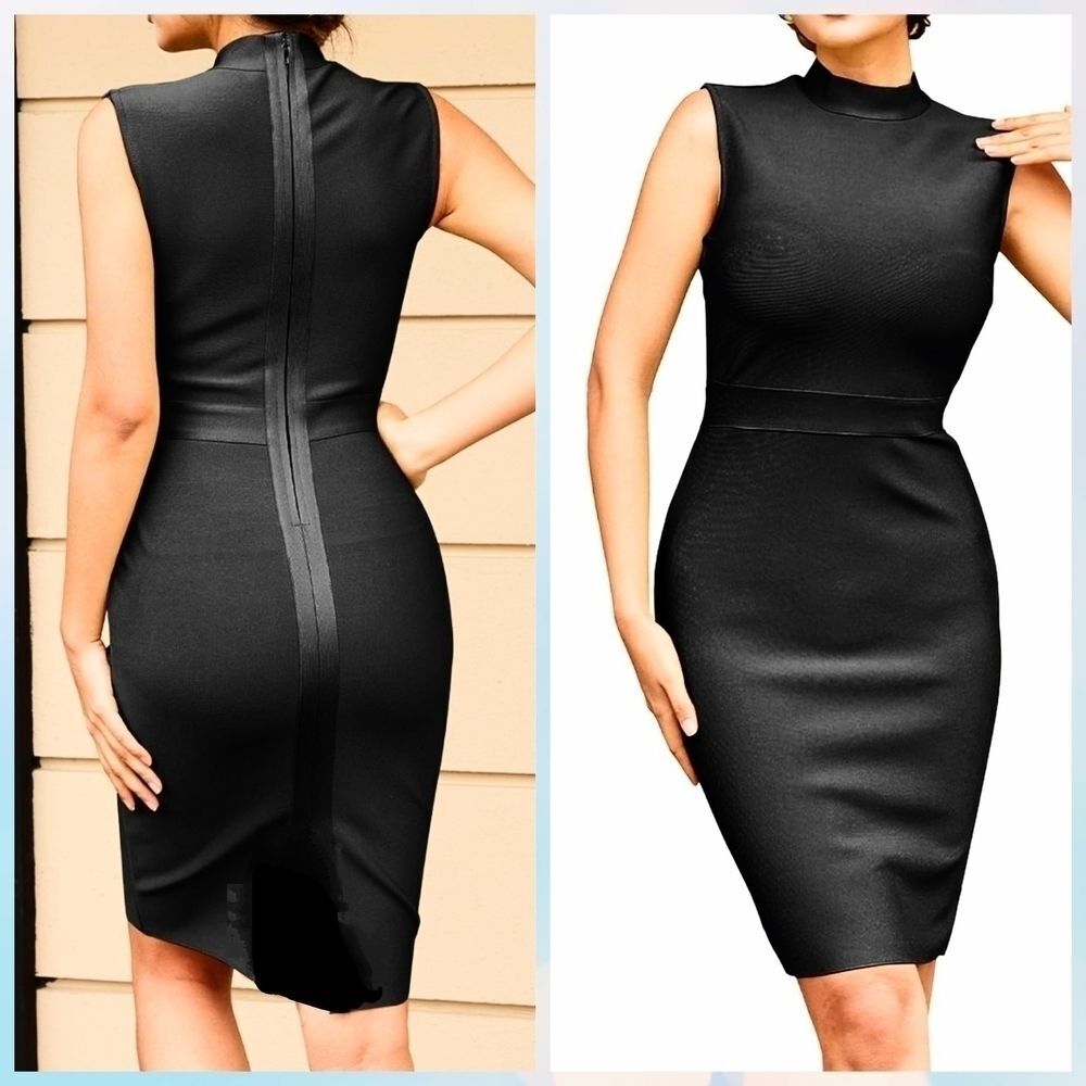 Black Bandage Pencil Dress Mock Neck